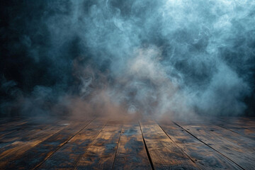 Mysterious, swirling smoke fills the air above an old, worn wooden floor, creating an eerie atmosphere.
