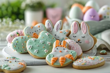 Fototapeta na wymiar A plate of beautifully iced Easter cookies, including bunnies, carrots, and eggs. The cookies are decorated in pastel colors and are placed on a white wooden table. In the background, there are Easter