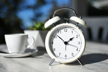 A classic white alarm clock timepiece on table with teacup saucer & succulent houseplant plant