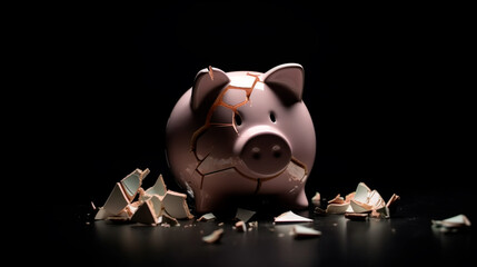 A broken piggy bank with a shattered glass head on a dark table
