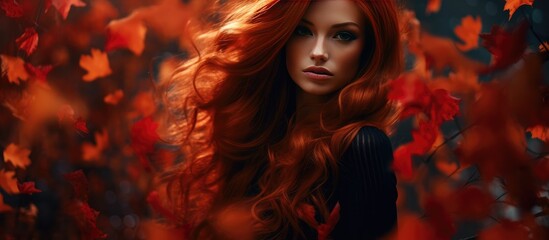 Fototapeta premium A woman with long red hair stands amidst a field of colorful flowers. Her striking red hair contrasts against the vibrant blooms surrounding her, creating a visually captivating scene.