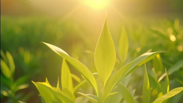 Fresh green leaves bathed in golden sunlight with a soft-focus background.