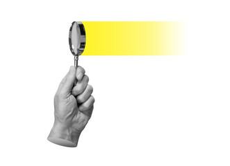 Magnifying glass in hand, searching, focusing on yellow light. Insight, solution and study concept