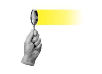 Magnifying glass in hand, searching, focusing on yellow light. Insight, solution and study concept