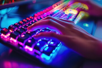 Work using a modern keyboard with colorful lights. Generate AI image - obrazy, fototapety, plakaty