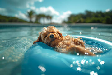 Dog with wet fur peacefully rests on a blue pool float under the sunny sky.
