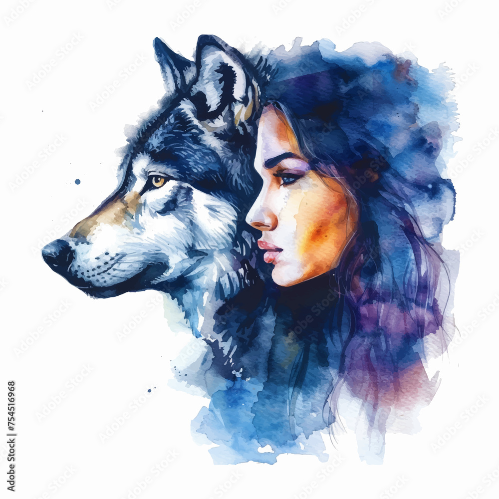 Wall mural Painting of a girl with a wolf 