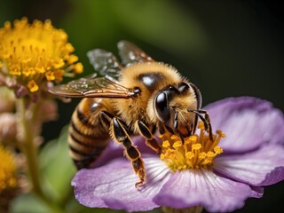 A bee collecting nectar from a flower, with a macro focus on the pollen-covered stamen and the bee's detailed textures 