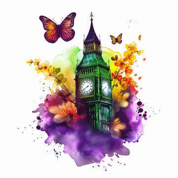 Painting of a Big Ben surrounded by flowers and butterflies