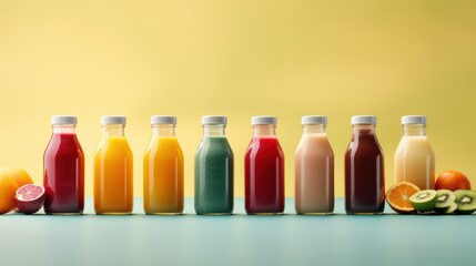 A row of eight glass bottles filled with different colored juices. - Powered by Adobe