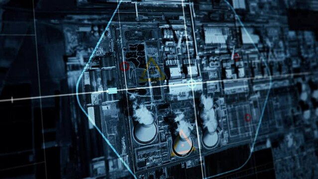 Aerial Tracking ai is searching for position of target. Tracking ai is gathering information about target location. Tracking drone ai broadcasts aerial scan of target power station in town. Aerial