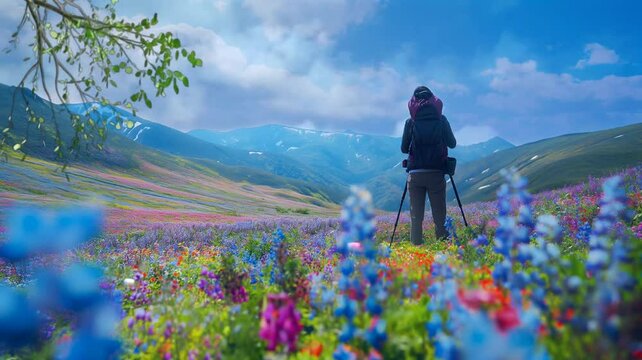 person taking picture in the mountains with colorful flower. Seamless looping time-lapse 4k video animation background