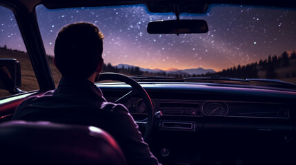 Illustration of a night drive road trip showing a starry sky from the interiors of an antique car

