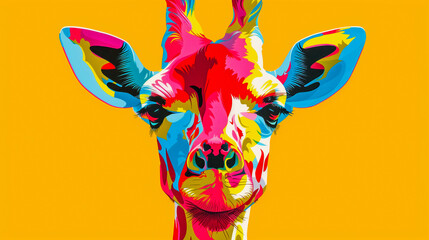 A colorful giraffe head portrait pops against a bright yellow background, creating a playful,...
