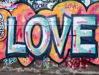 Street art featuring the word "LOVE" in vibrant colors on backdrop of graffiti, encapsulating the powerful emotion and artistic spirit of the city streets.