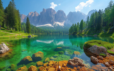 Serene mountain lake, surrounded by lush forests and towering peaks, reflects under a clear sky.
