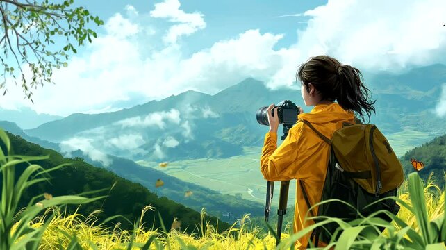 person with a backpack and camera in the mountains. photographer in the mountains in anime style. Seamless looping time-lapse 4k video animation background