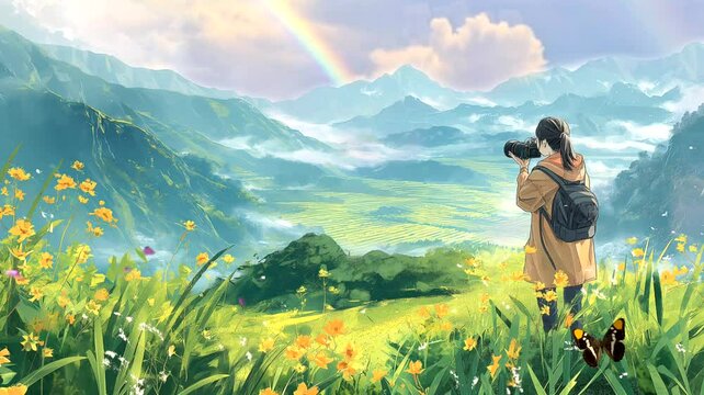 photographer in the mountains shooting rainbow. photographer in the mountains in anime style. Seamless looping time-lapse 4k video animation background