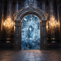 Crystal Portal in Ornate Gothic Hall

