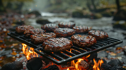 Grilled burgers, sizzling over an open fire, create a summer vibe.