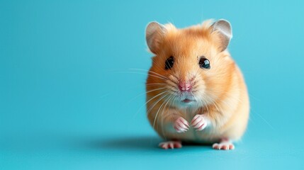 Elegant hamster with sleek fur and inquisitive gaze posed against a delicate sky blue backdrop