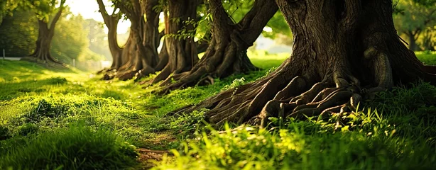 Photo sur Plexiglas Route en forêt Trees root in green grass