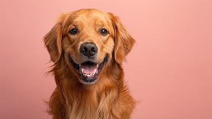 Loyal golden retriever with wagging tail and friendly expression standing against a soft peach background