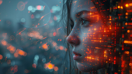 Side Profile of Woman With Digital Data Overlay and Futuristic Cityscape, Symbolizing Artificial Intelligence, Tech Innovation, and Cyber World
