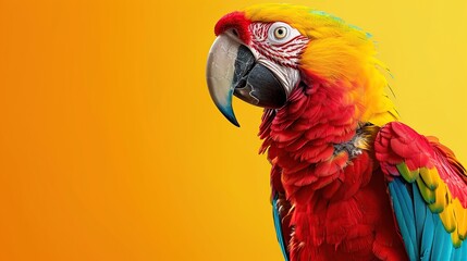 Cheerful parrot with vibrant feathers and playful demeanor perched against a sunny yellow backdrop