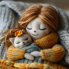 doll with cat, cute, wool, 
