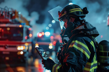 Firefighter Using 5G Technology - obrazy, fototapety, plakaty