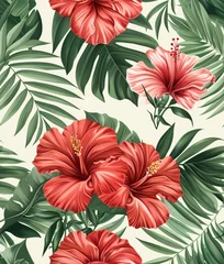  Seamless background with tropical flowers and plants, retro style.   © Lina