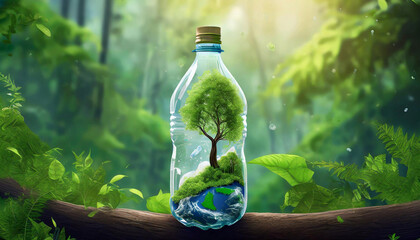 Earth day 2024 concept 3d tree background. A bottle of water with a green forest inside, the idea...