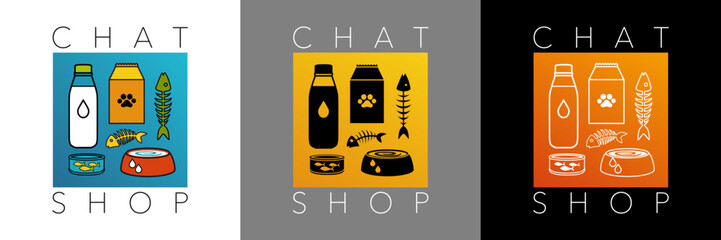 3 affiches avec une série de pictogrammes sur le thème de la nourriture pour chats, dessinés en couleur, en silhouette noir ou en contour blanc. - obrazy, fototapety, plakaty