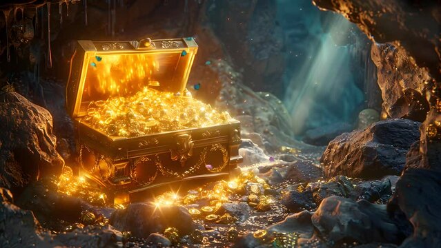 Treasure Chest Filled with Gold and Silver Ingots. Seamless Looping 4k Video Animation