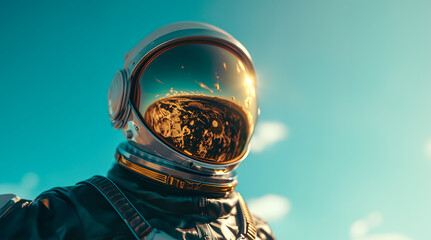 Exploring the Red Planet: Close-up of Astronaut's Helmet on Mars, Futuristic Space Traveler in Space Suit, Cosmic Explorer. Created with Generative AI Technology. - obrazy, fototapety, plakaty