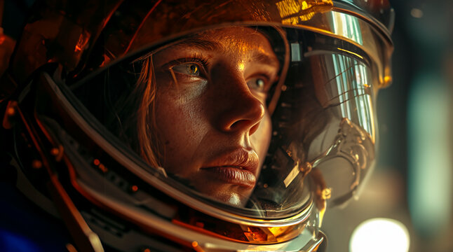 Cosmic Traveler on Mars: Close-up Portrait of Space Explorer in Helmet and Spacesuit created with Generative AI technology