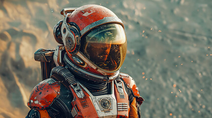Obraz premium Exploring the Red Planet: Close-Up of Astronaut's Helmet on Mars, Futuristic Space Explorer Portrait with Visor Reflection, created with Generative AI technology