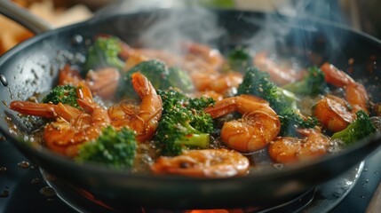 Sizzling shrimp and broccoli stir-fry in a pan