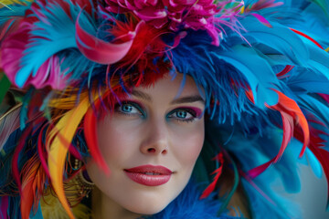 A woman wearing a colorful feathered hat and makeup. The hat is blue, red, and yellow