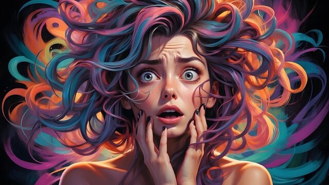 A vivid depiction of a woman with her fingers nervously tangled in her hair, her expression fraught with concern, against a backdrop of disarray, generative AI
