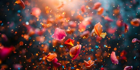 Dynamic Image of a Rose Petal Confetti Cannon at a Celebration. Concept Celebratory Moments, Confetti Cannon, Rose Petal Shower, Festive Atmosphere, Dynamic Photography