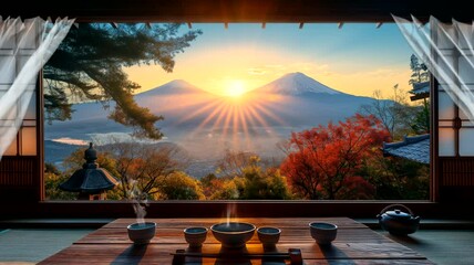 Steamy ramen in the window with mountain view at sunrise. Seamless looping time-lapse 4k video animation background - Powered by Adobe