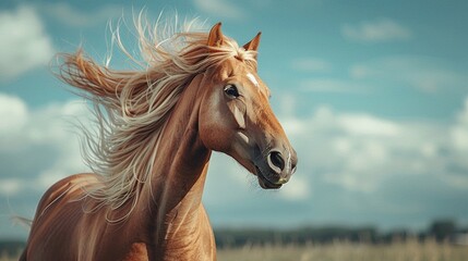 Fototapeta premium Elegant horse with flowing mane and gentle eyes standing majestically against a serene sky blue background
