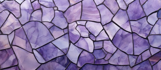 This close-up view showcases a vibrant purple mosaic tile wall, featuring intricate patterns and textures in a range of shades. The tiles are neatly arranged, creating a visually striking design.