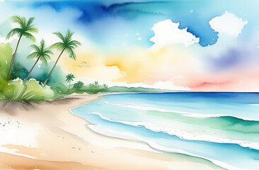 Fototapeta na wymiar Illustration of a tropical beach with palm trees and a blue sky