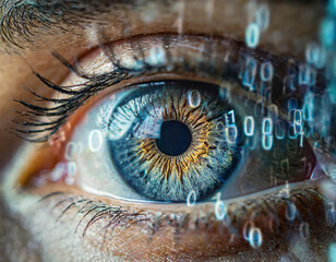 close-up of an eye with high detail in the iris, with zeros and ones superimposed as a binary system. iris reading and data security concept. biometric security. - obrazy, fototapety, plakaty