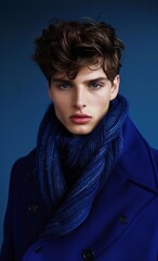 A portrait of a male model with sculpted features and tousled brown hair