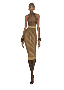 Mujer negra con turbante caminando con blusa y falda transparentes 