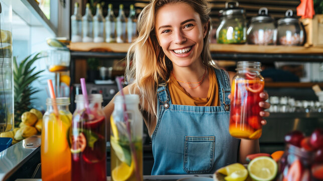 A smiling woman presenting vitamin-infused drinks at a health bar.